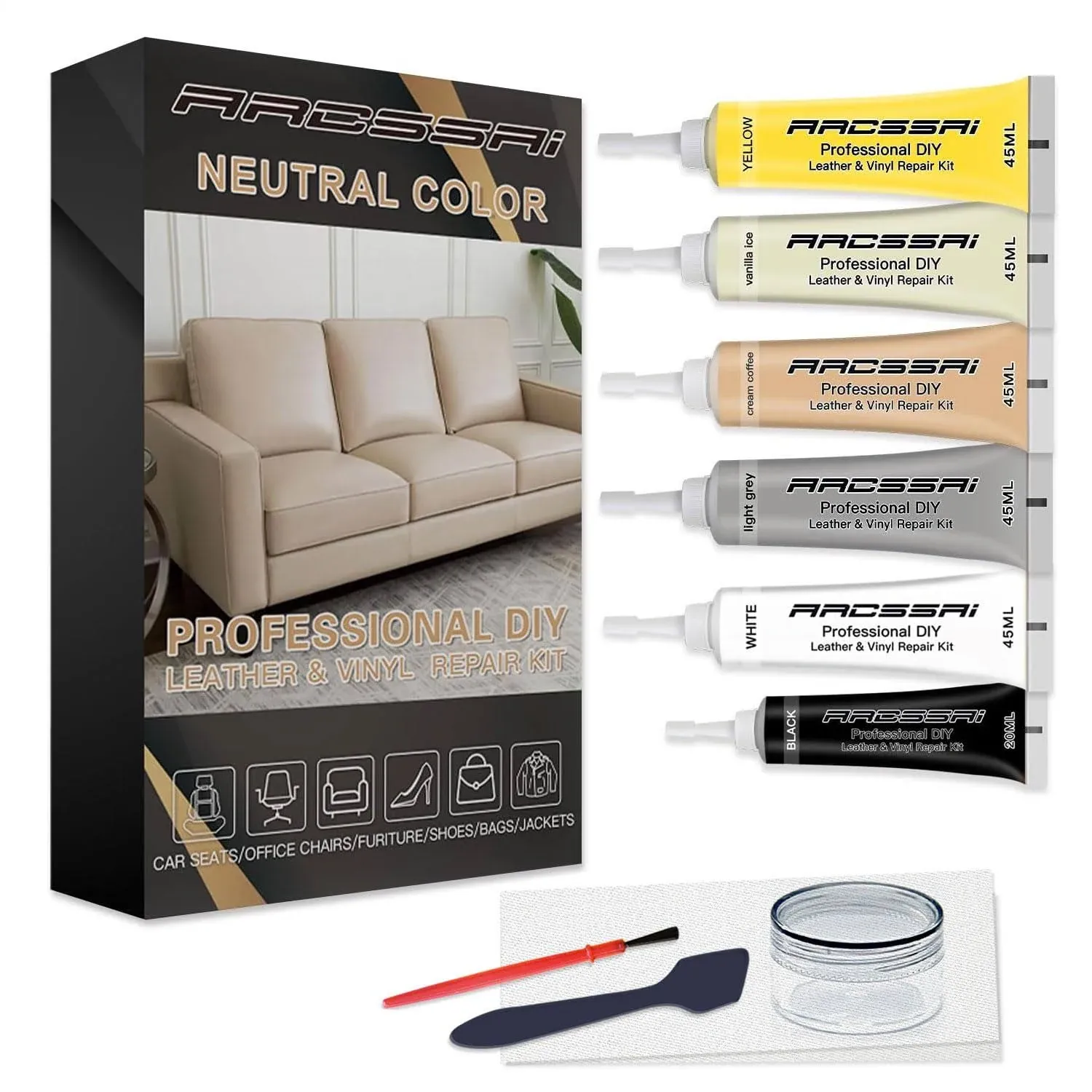 Neutral Color Leather Repair Kit for Furniture, Car Seats, Sofa, Jacket and Purse. PU Leather Repair Paint Gel. Repair Tears & Burn Holes. Provide Color Matching Guide & Super Easy Instructions