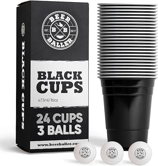 Black Cups Set Including 24 Black Party Cups and 3 Balls Dishwasher Safe and Reusable 16 Ounce Original Red Cups Size