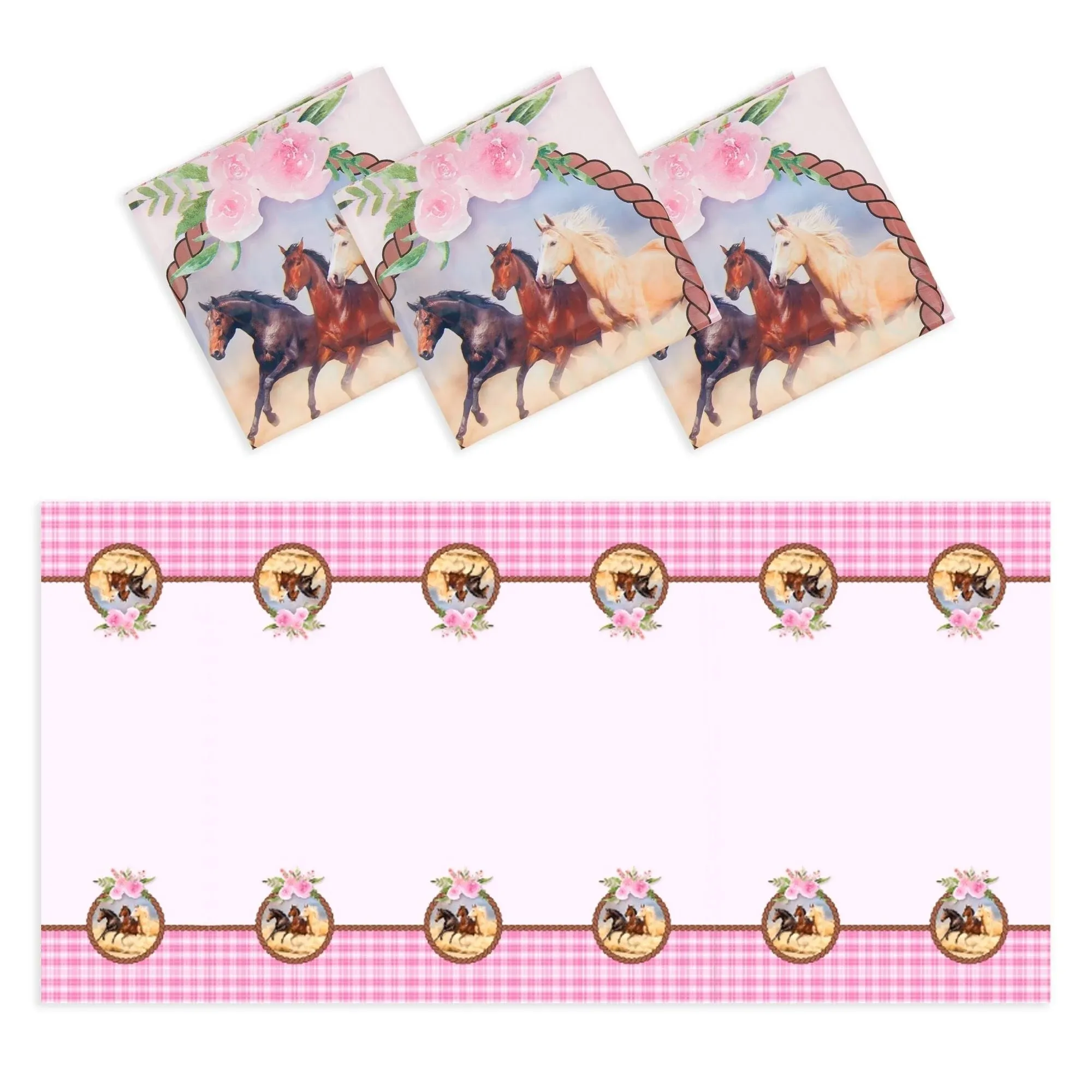 3 Pack Plastic Pink Horse Tablecloths for Cowgirl Birthday Party (54 x 108 In)