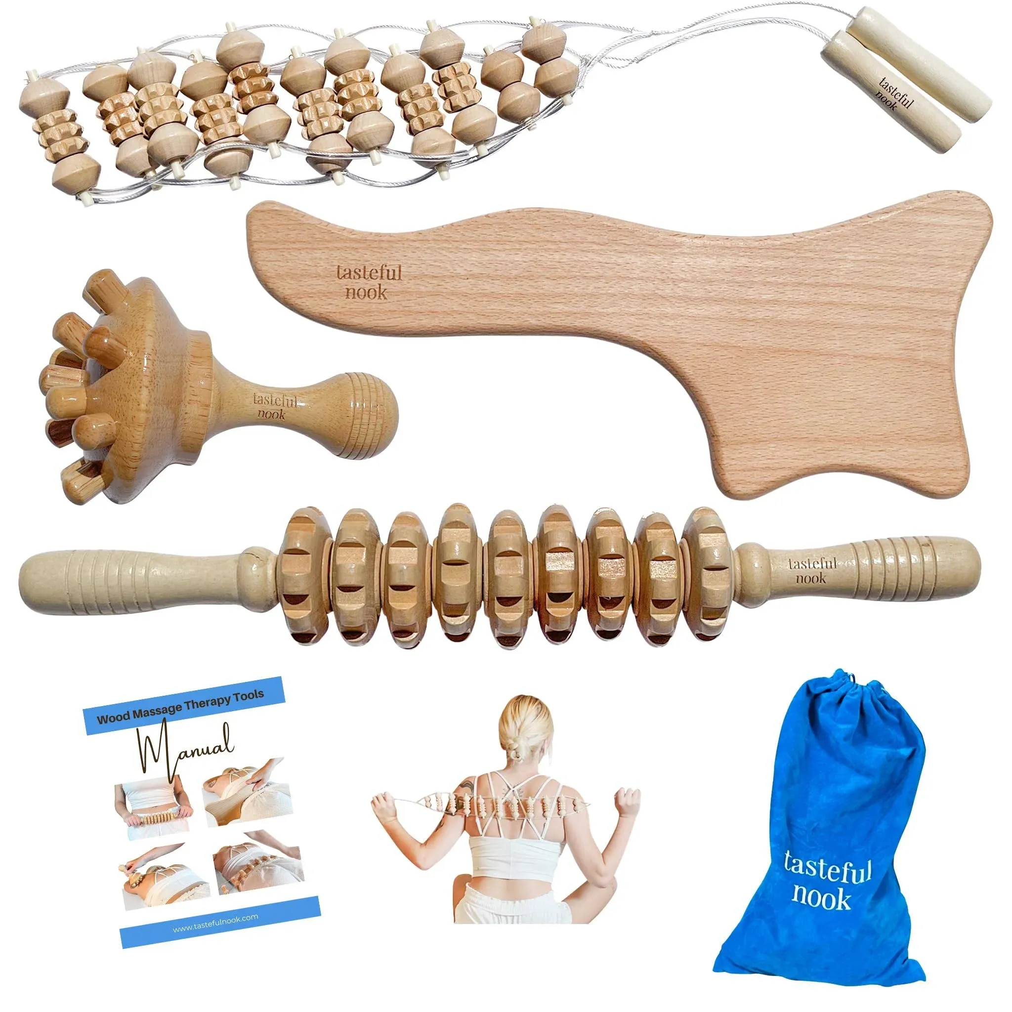 Wood Therapy Massage Tools Kit (Set of 4) - Wood Sculpting Tools for Body - Wood Roller for Cellulite - Professional Massage Kit for Massage Therapy w/ Gift Bag - Lymphatic Massage Kit