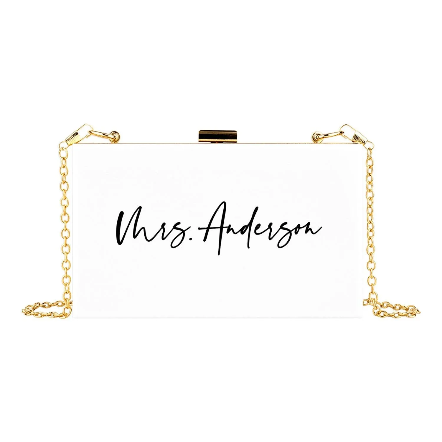 Andaz Press Personalized Acrylic Clutch Purse for Bride, Modern Custom Mrs. White ...