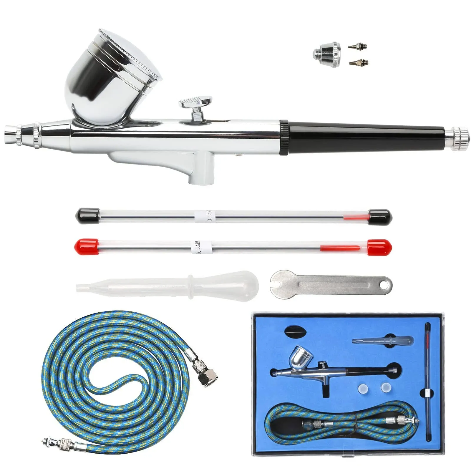 130K Professional Dual-Action Gravity Feed Airbrush Set, Multi-Purpose Airbrush Set with 3 nozzles(0.2, 0.3 & 0.5 mm Needle) and 6 Ft Air Hose