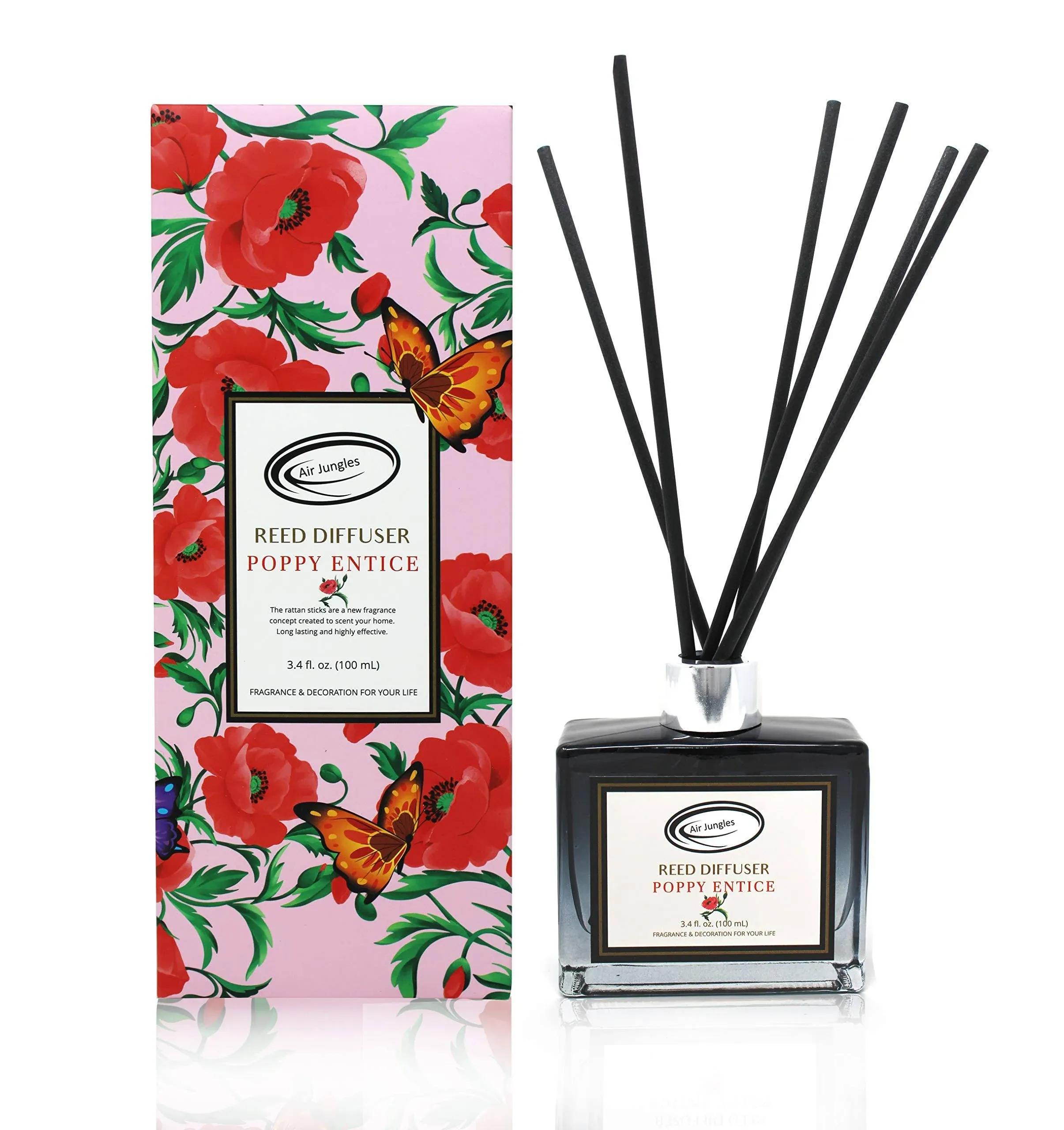 Air Jungles Poppy Entice Fragrances Reed Diffuser Set with Sticks