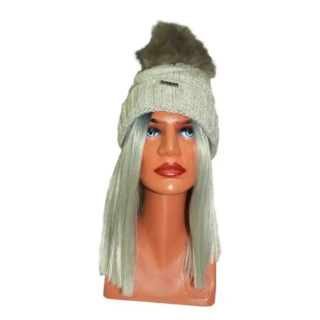 Livingston Hats for Women Winter Soft Knitted Beanie Hat with Faux Fur Pom Pom, Cream