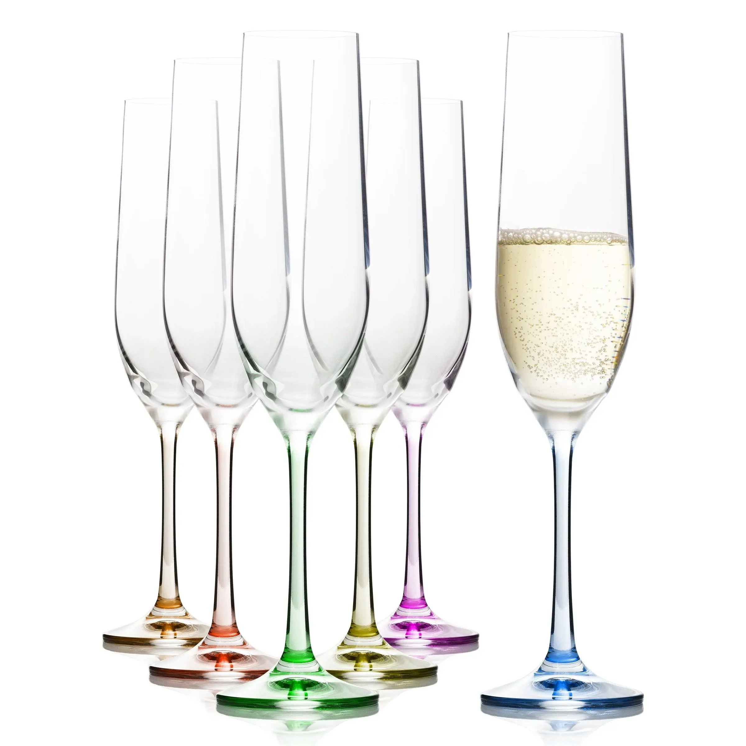 Bohemia Stemmed Crystal Champagne Flutes Set of 6 - Lead Free Rainbow Drinkware