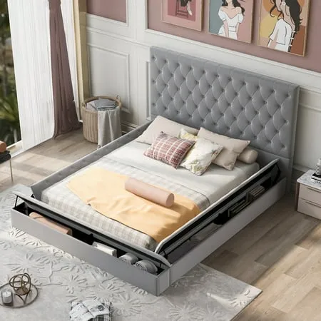 Full Size Platform Bed Frame with 3 Sides Storage Space Low Profile Velvet Upholstered Bed with Button Tufted Headboard Design Wooden Slats Support No Box Spring Needed Noise Free Gray