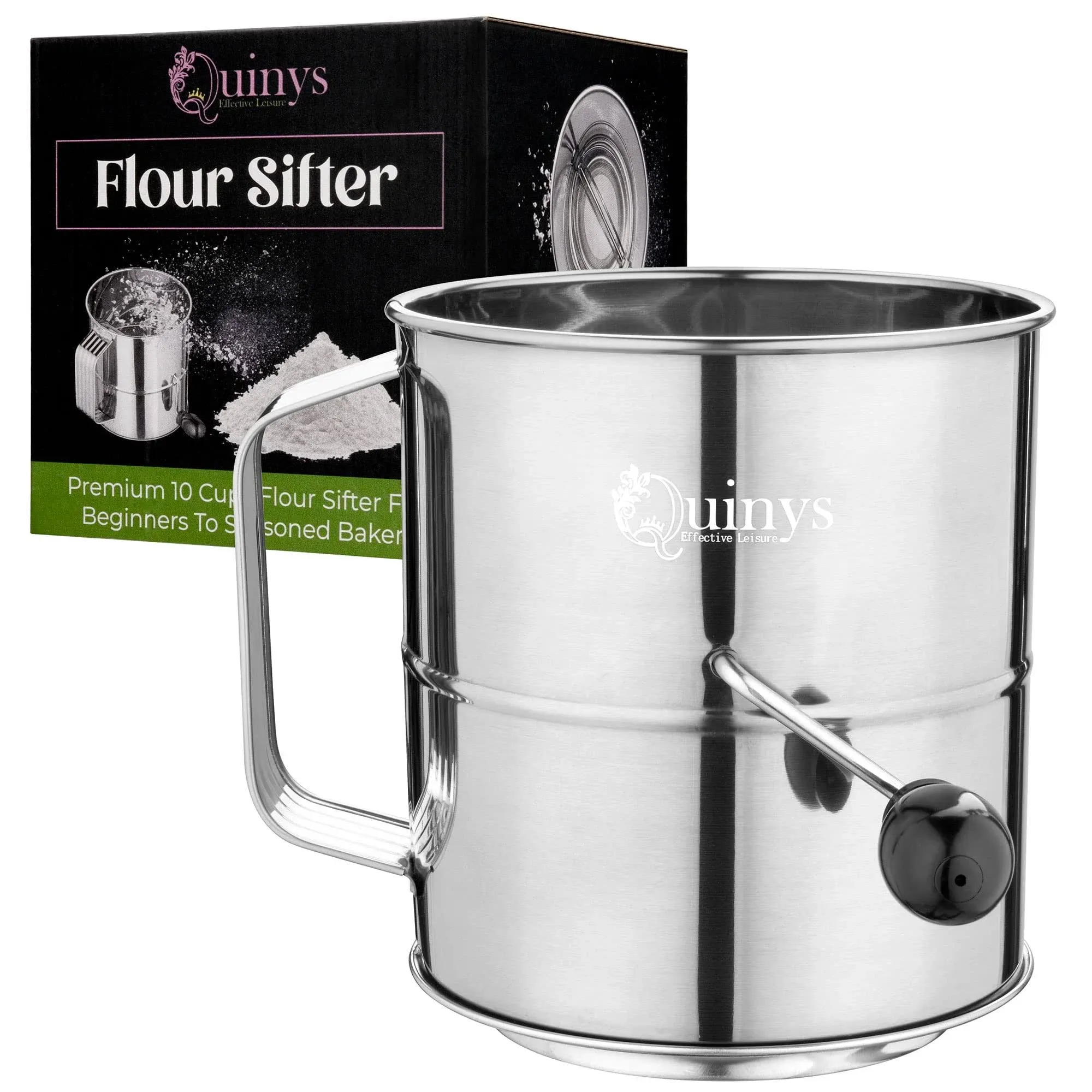 8 Cup Flour Sifter With Fine Mesh Stainless Steel Rotary Hand Crank and Agita...