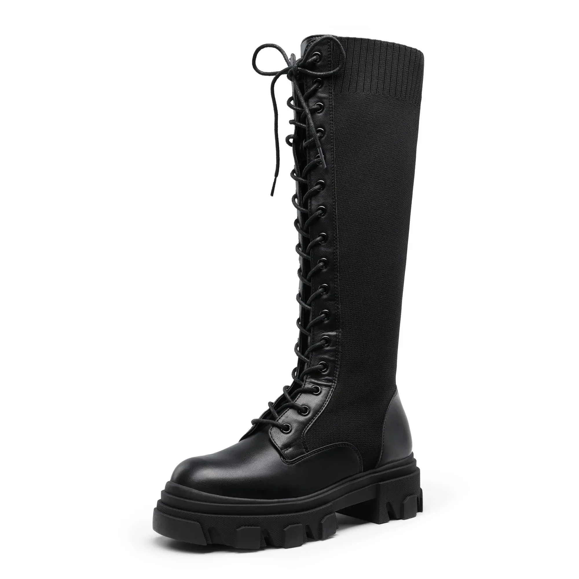 DREAM PAIRS Knee High Boots Women, Fashion Combat Boots Chunky Platform Lace Up Lug Sole Boots For Women