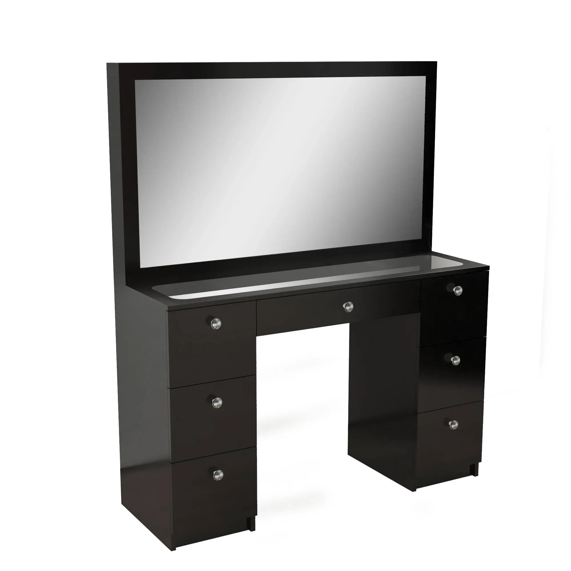 Boahaus Venus Modern Black Vanity with Wide Hollywood Mirror and 7 Drawers, Basic Knobs. Small Vanity with Glass Top, Bedroom Set Makeup Vanity Desk with Mirror and Storage