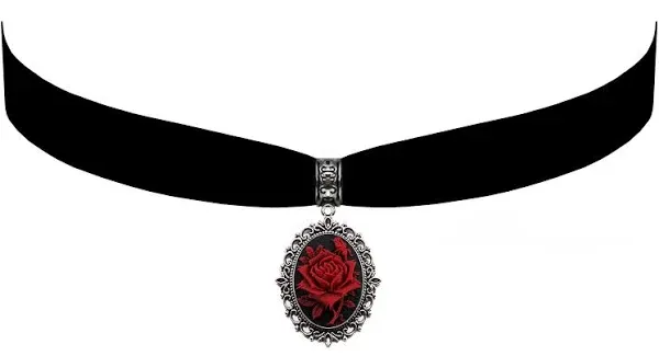 Gothic Red Rose Cameo Black Velvet Choker Adjustable Size Cosplay Jewelry