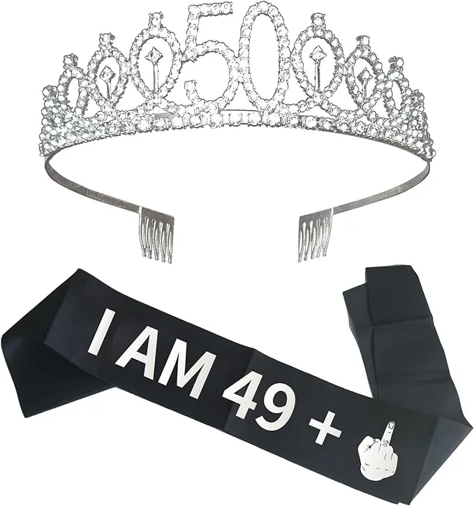 Joyiou 50 Birthday Gifts for Women, “I AM 49+1” Sash and Tiara Set, 50th Bday Decorations Funny Gifts for Women, Fifty Years Old Birthday Party Crown Silver Foil Satin Sash Favors Supplies