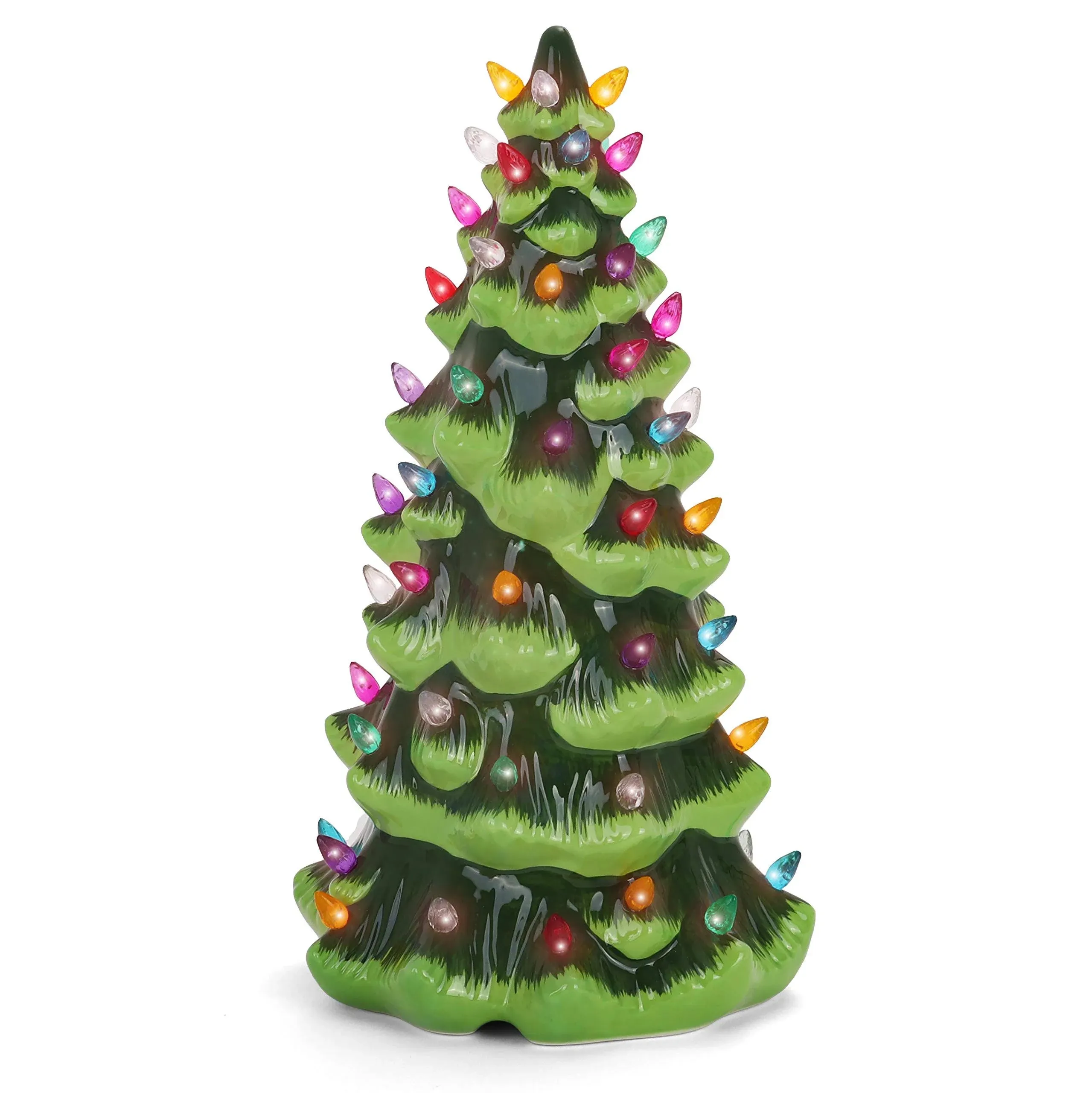 Milltown Merchants Ceramic Christmas Tree - Woodland Tabletop Christmas Tree with Lights - (13" Green Christmas Tree/Multicolored Lights) - Lighted Vintage Ceramic Tree