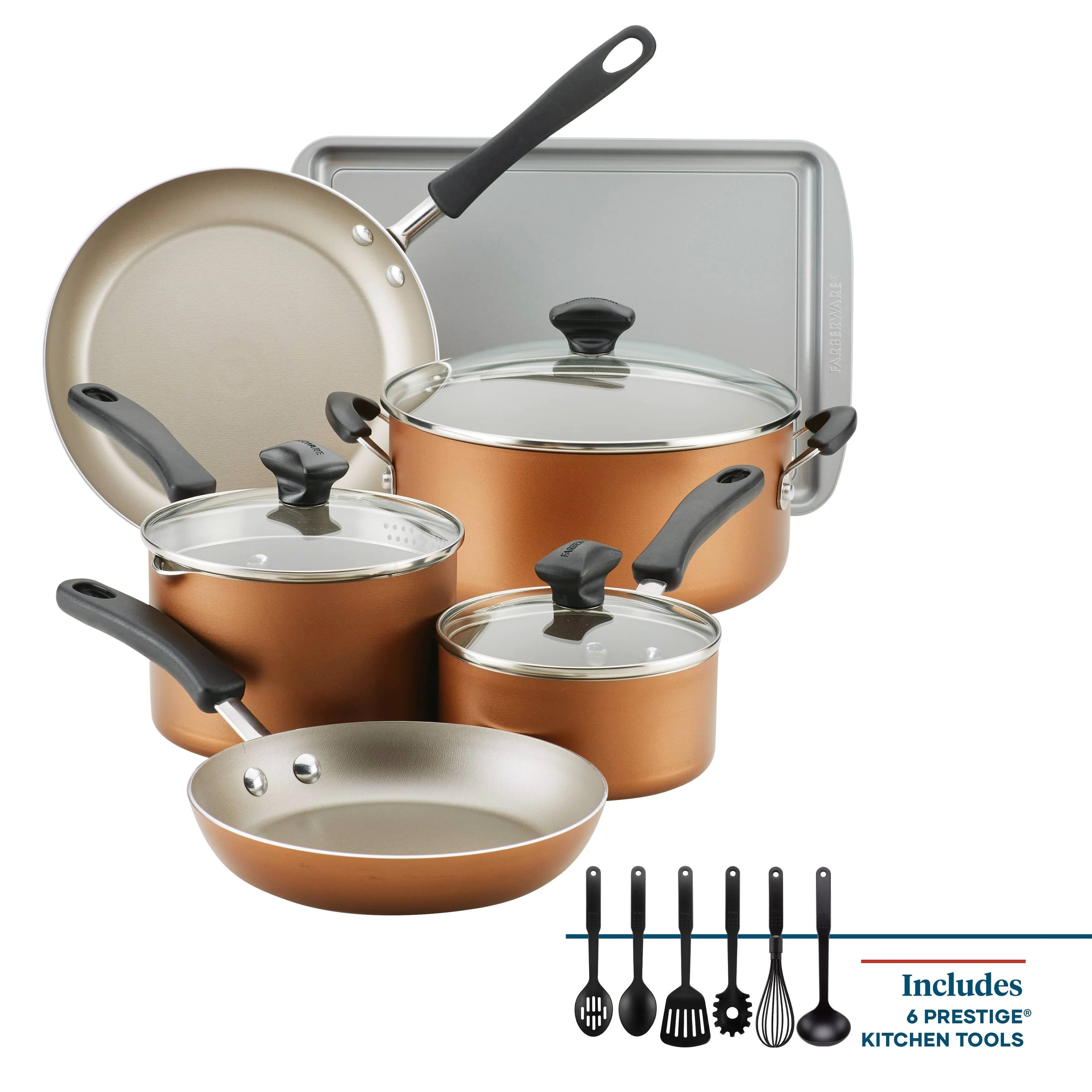 Farberware Cookstart DiamondMax Nonstick Cookware/Pots and Pans Set, Dishwasher Safe, Includes Baking Pan and Cooking Tools, 15 Piece - Aqua