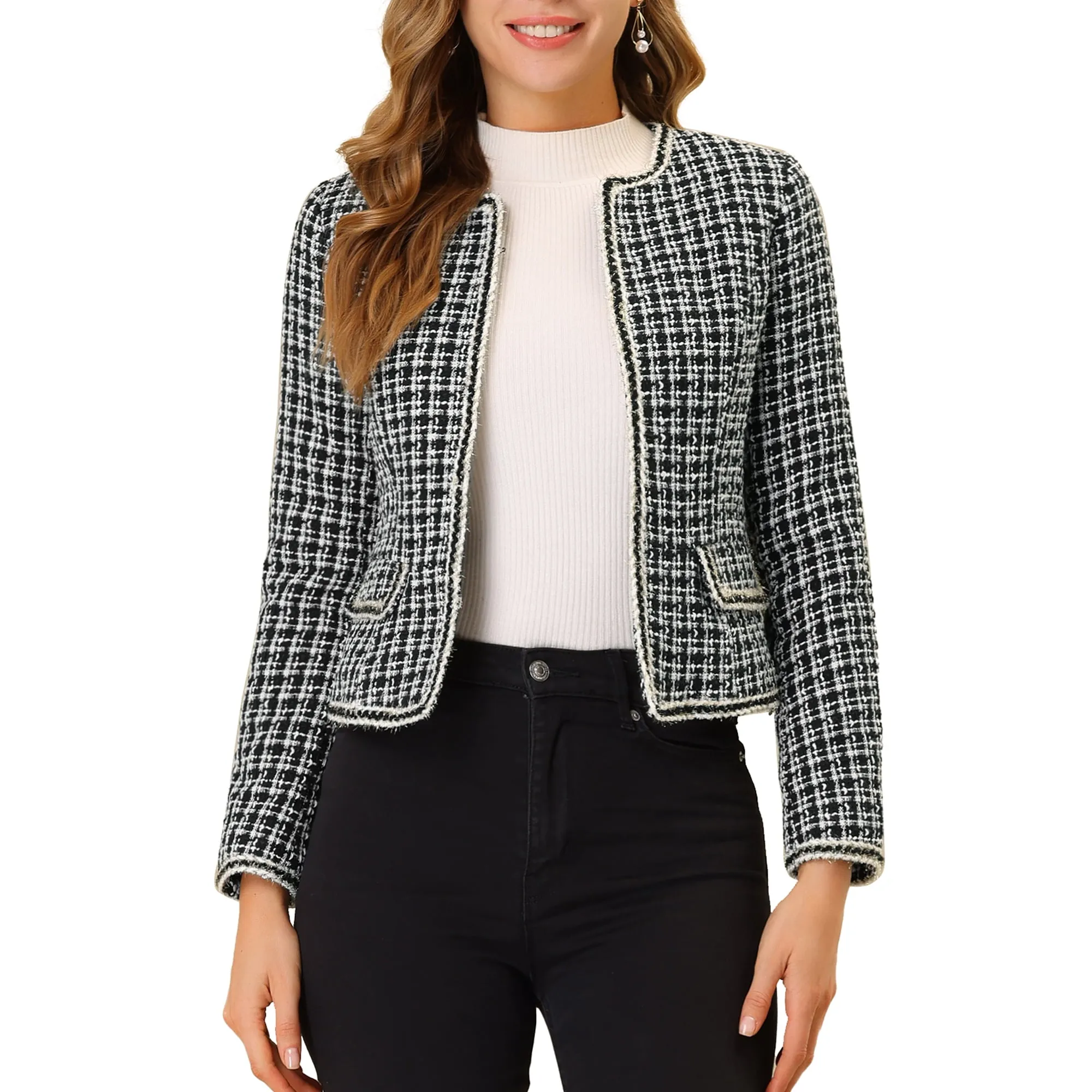 Allegra K Plaid Tweed Long Sleeve Open Front Work Office Cropped Jacket Blazer