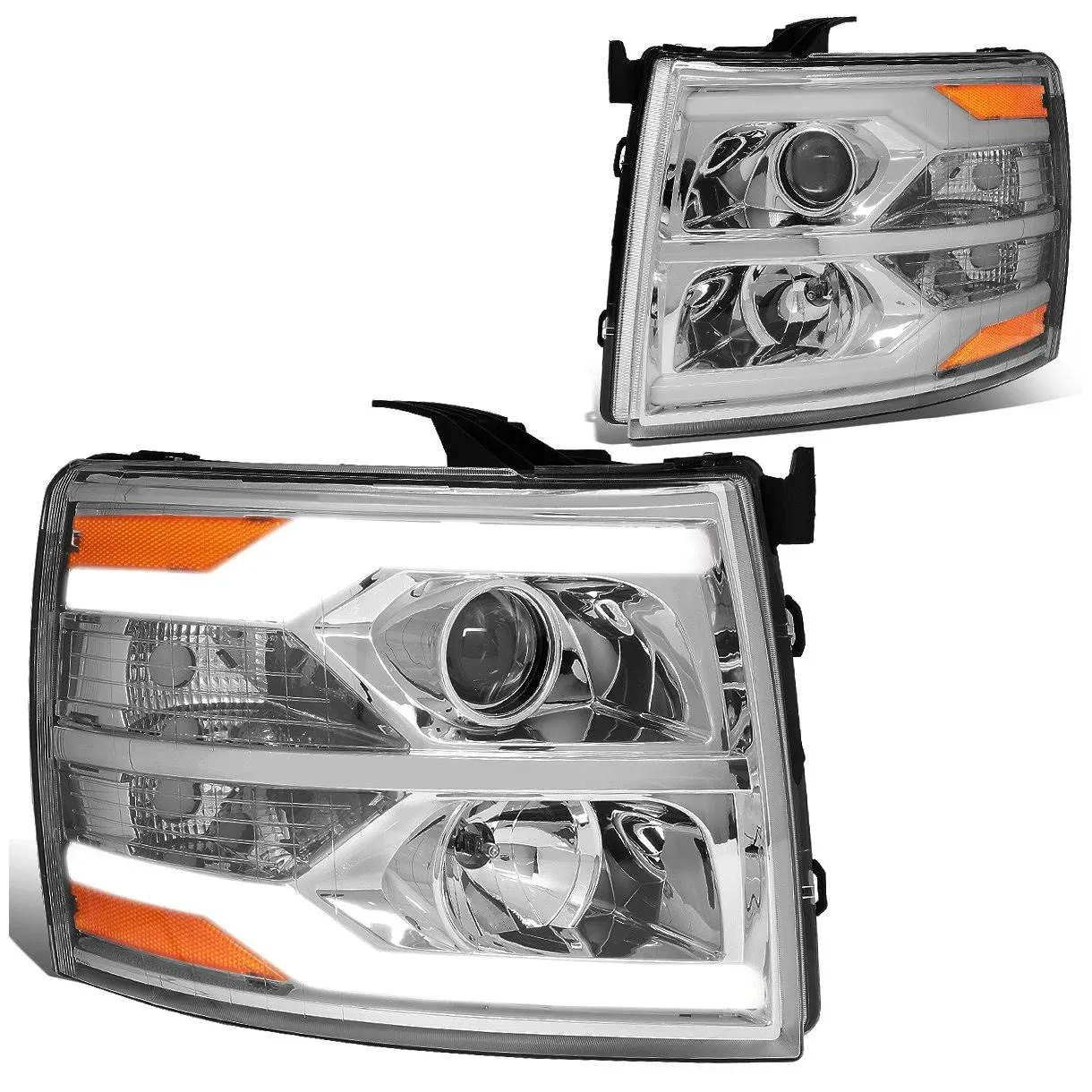 DNA Motoring for 07-14 Chevy Silverado Dual LED DRL Strip Projector Headlight ...