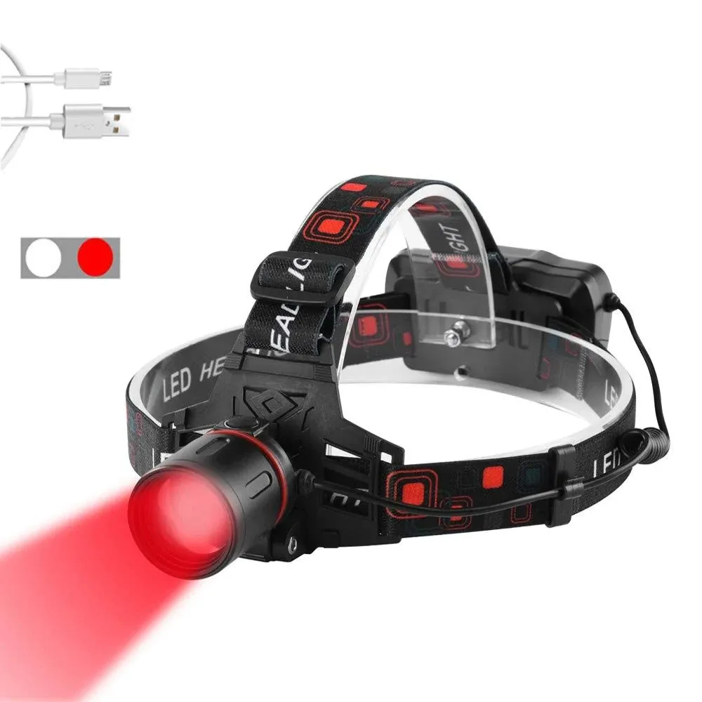 PROFORUS Rechargeable Headlamp with Red and White Light, Tactical Hunting Headlamps Red LED Headlight Zoomable Red Light Head Torch for Hunting, Night