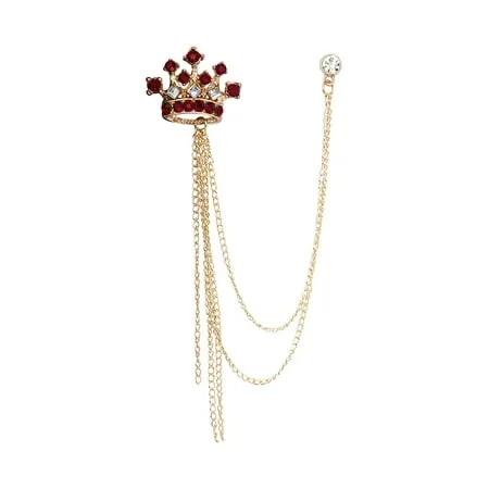 Knighthood Formal Gold Crown With Maroon Stone and Hanging Chain Detailing Lapel Pin Brooch for Men