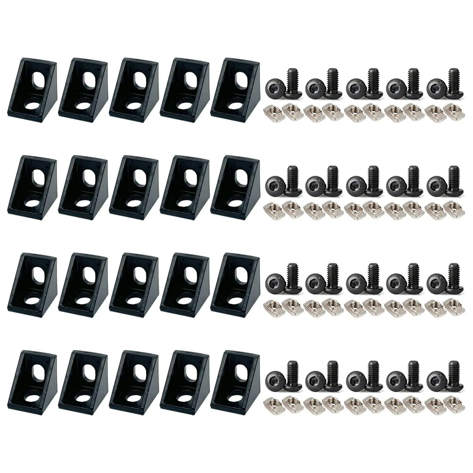 20Sets Black 2020 Series Aluminum Extrusion Profile Corner Bracket, 20pcs 20 Series 90 Degree Right Angle Cornector with M5 Drop in T Nuts Bolts for T Slot Aluminium Extruded Profil Rail