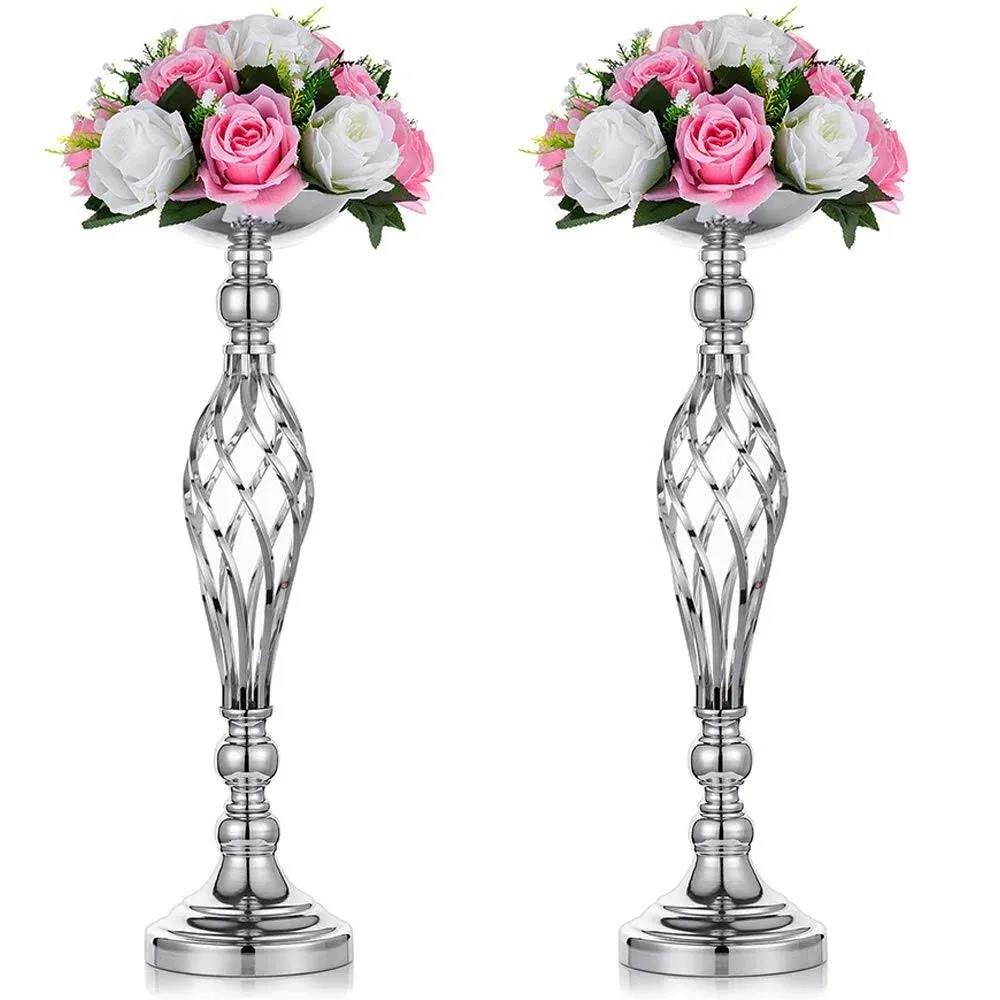 NUPTIO Set of 2 Versatile Silver Flower Arrangement Stand &amp; Pillar Candle Holder