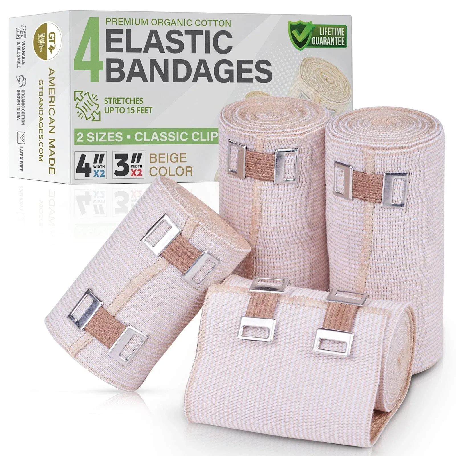 GT 2x4" & 2x3" Organic Cotton Bandages Classic Clip Fasteners, Beige