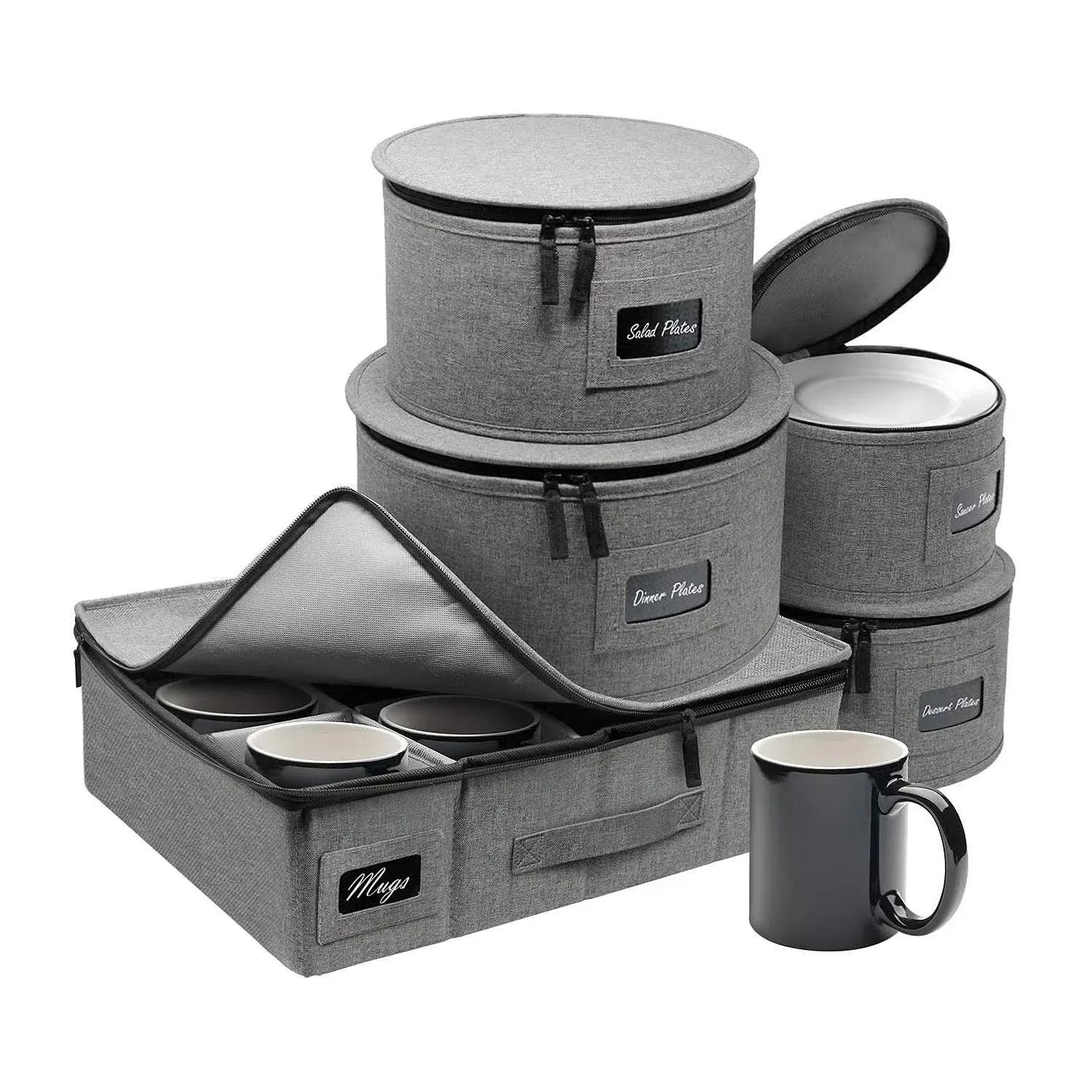 Sorbus China Dinnerware Storage Organizer Hard Shell 5-Piece Set for Protecting or Transporting - Service for 12 - Round Plate and Cup holder with Quilted Felt for Plate Dividers (Gray)