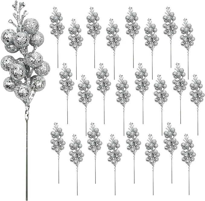  24 Pieces Christmas Glitter Berries Stems Artificial Berry Twig Stem Silver