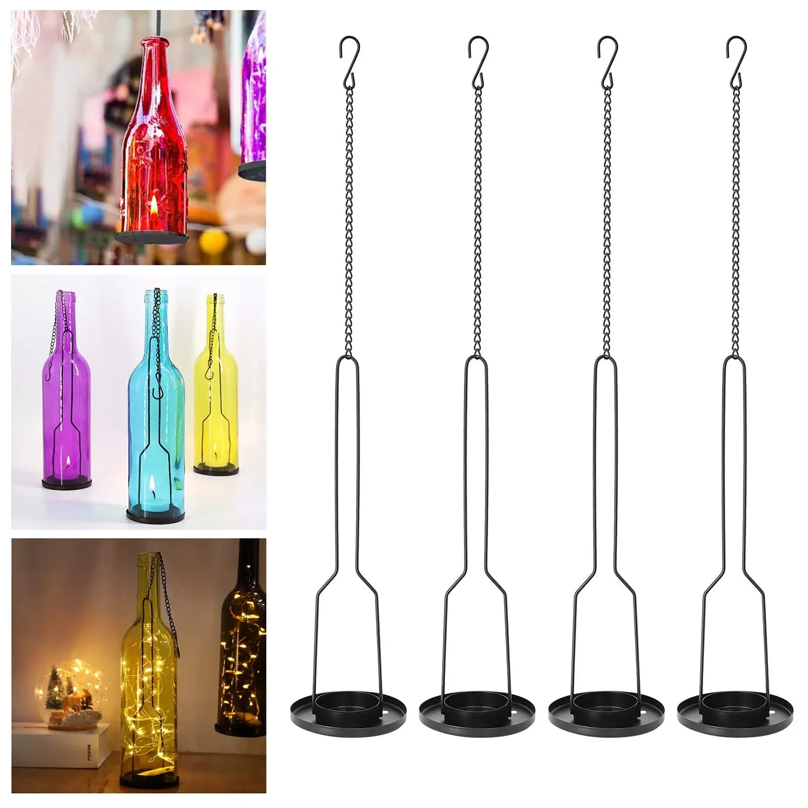 AceList 4 Pakes Wrought Iron Hanging Candelabra , Matte Black Finish Decorative Candle Holder for DIY Lighting Wine Bottle Jar Perfect DIY Birthday