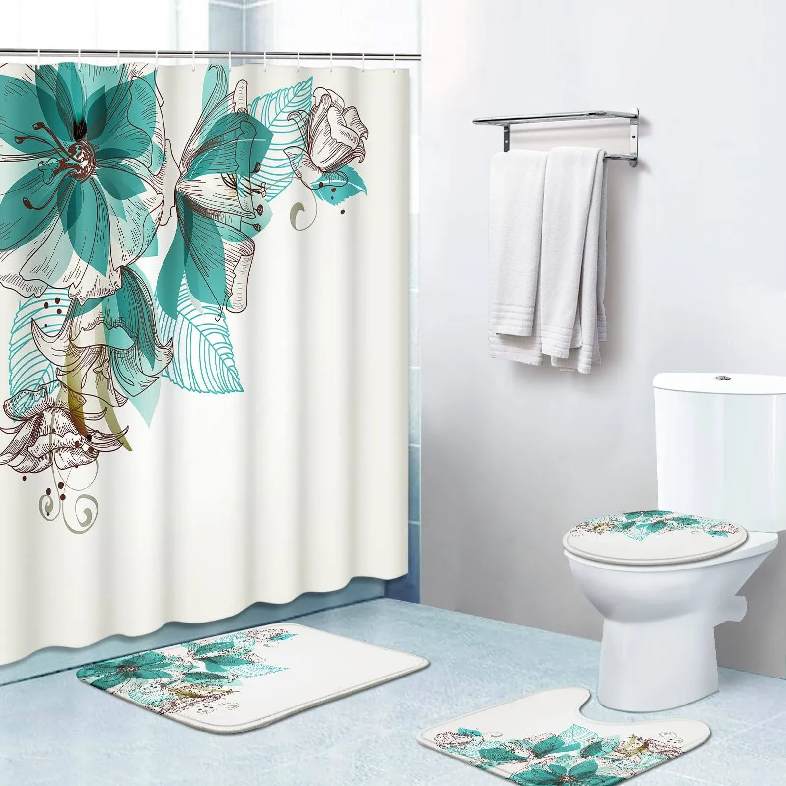 4 Piece Shower Curtain Sets, with 12 Hooks, Retro Teal Flowers Floral Turquoise 