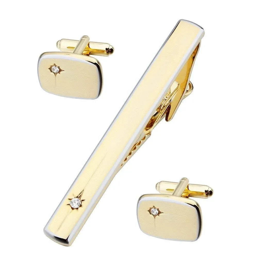 Mens Neck Tie Clip and Cuff links Set - Best Business Wedding Gift gold tone 