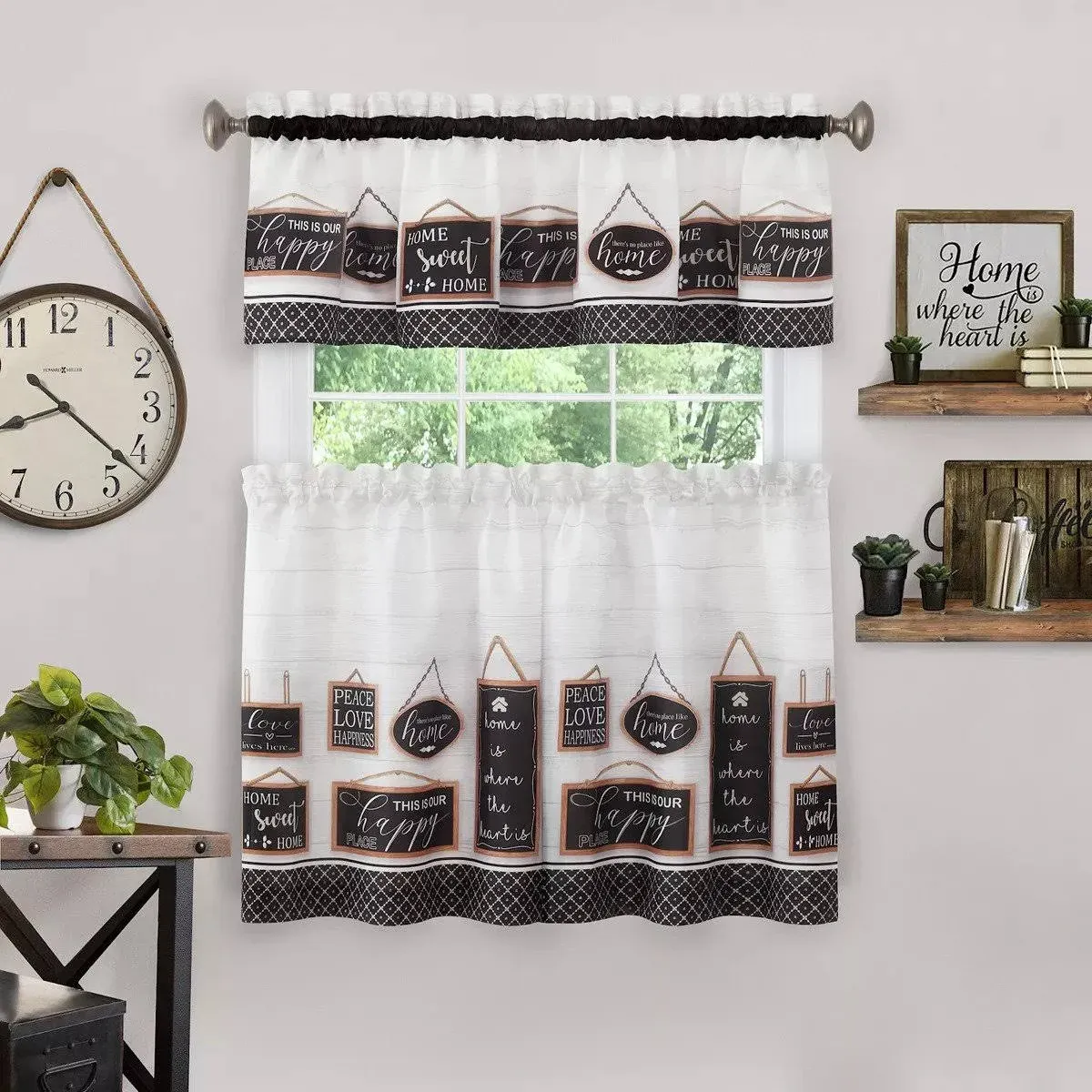 Achim Modern Farmhouse Tier and Valance Window Curtain Set, Black 58x24