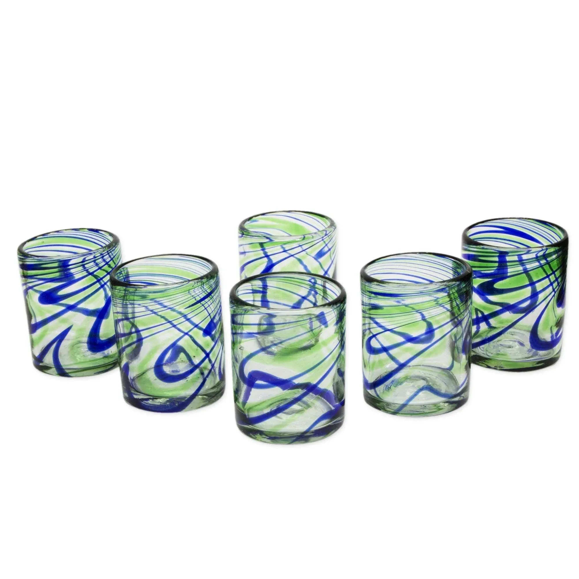 NOVICA Blue and Green Swirl Hand Blown Glasses 13 oz Elegant Energy' Set of 6