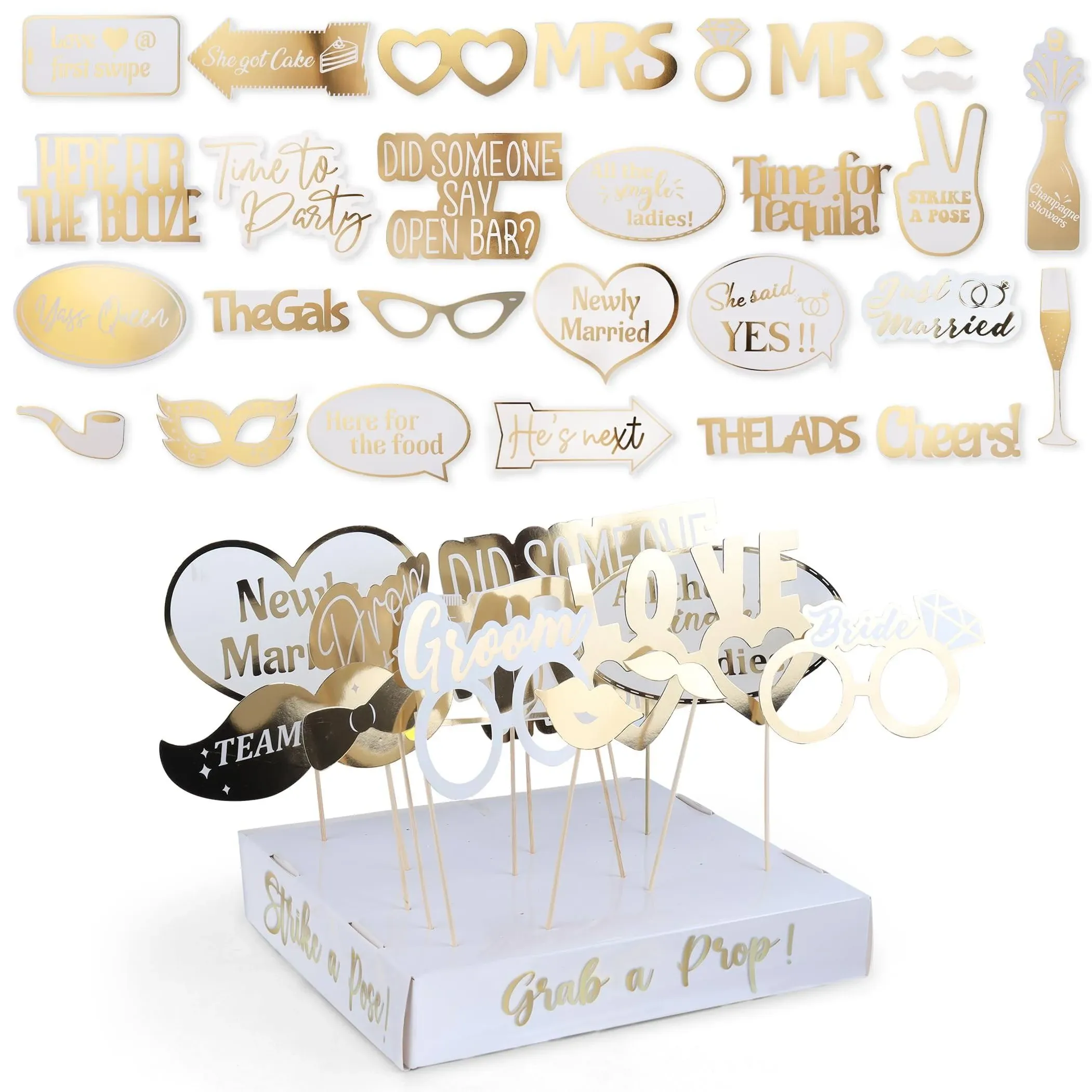 60pcs Fully Assembled Wedding Photo Booth Props - Prop Stand - Gold Signs - Elegant Wedding & Reception Party Supplies- Funny Wedding Props -Gold