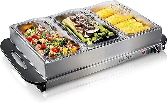 Nutrichef Professional Stainless Steel Buffet Warmer Server with 3 Trays - Portable Hot Plate Food Warmer Station for Parties & Events - Easy to Clean - 3 See-Through lids - Max Temperature 175F