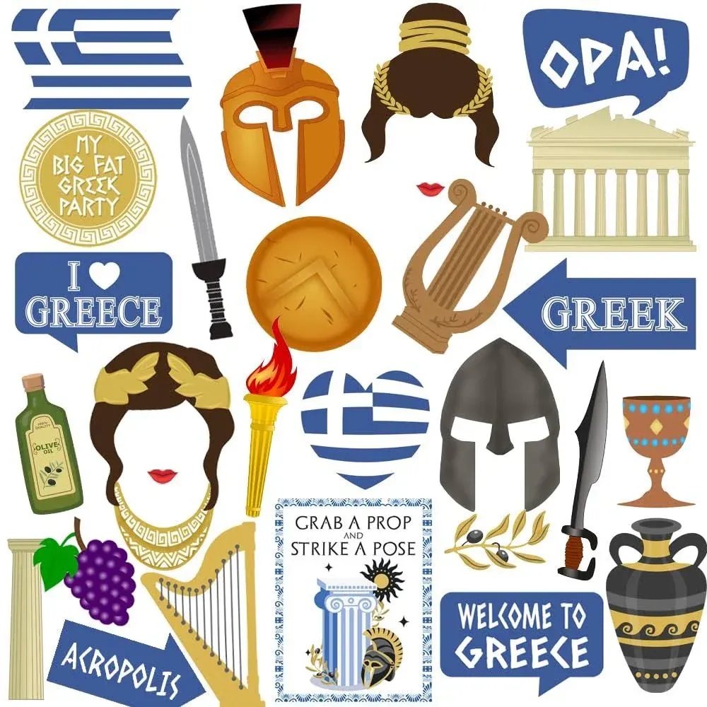 Greek Photo Booth Props, 29pcs Greek Party Decorations, Htabiol Greek Decorations for Greek Theme Party, Greece Party Decorations, Suit for Toga Party Decor, Ancient Roman Party, Greece Party Decor