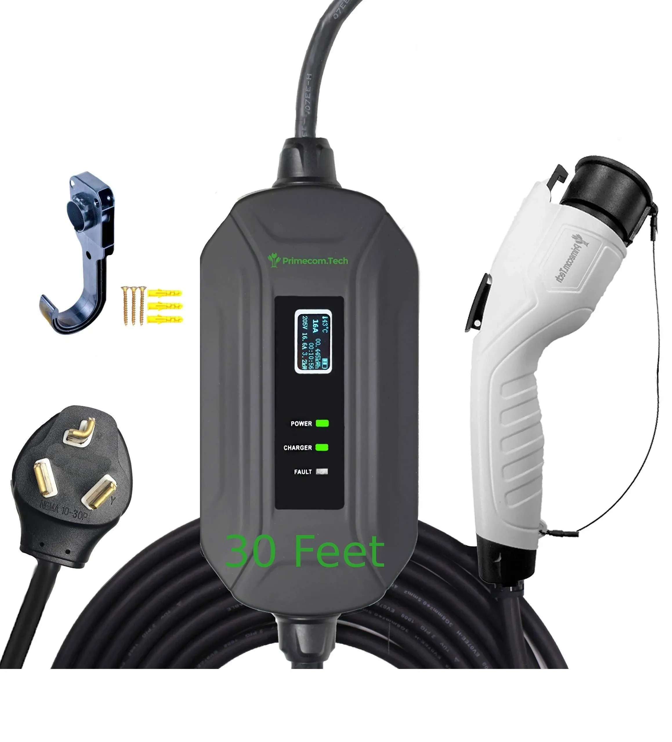 Primecom Level 2 EV Charger 220/240V, 16A, 30ft & 50ft, Portable EVSE Electric ...