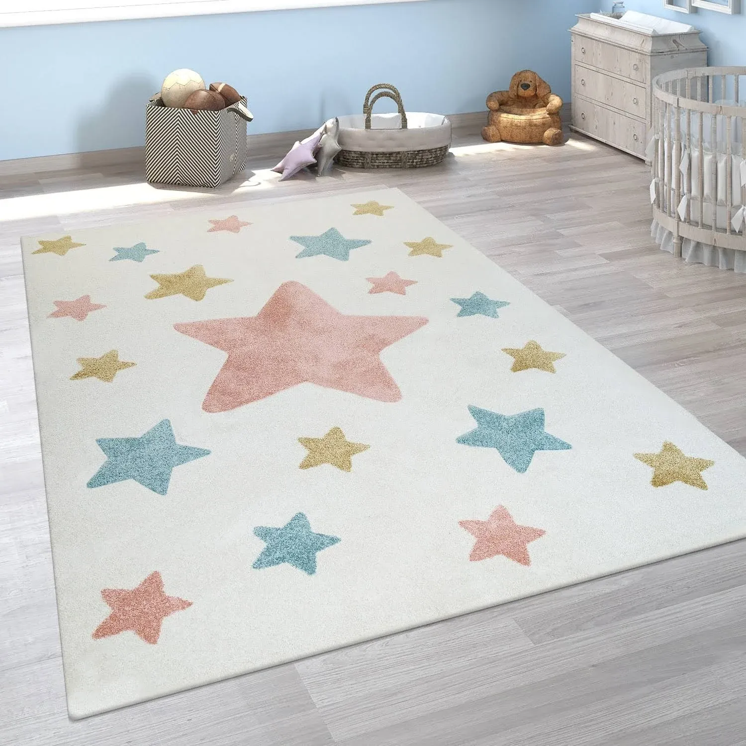 Paco Home Nursery Rug with Stars for Kids Room Starry Sky in Grey and Cream