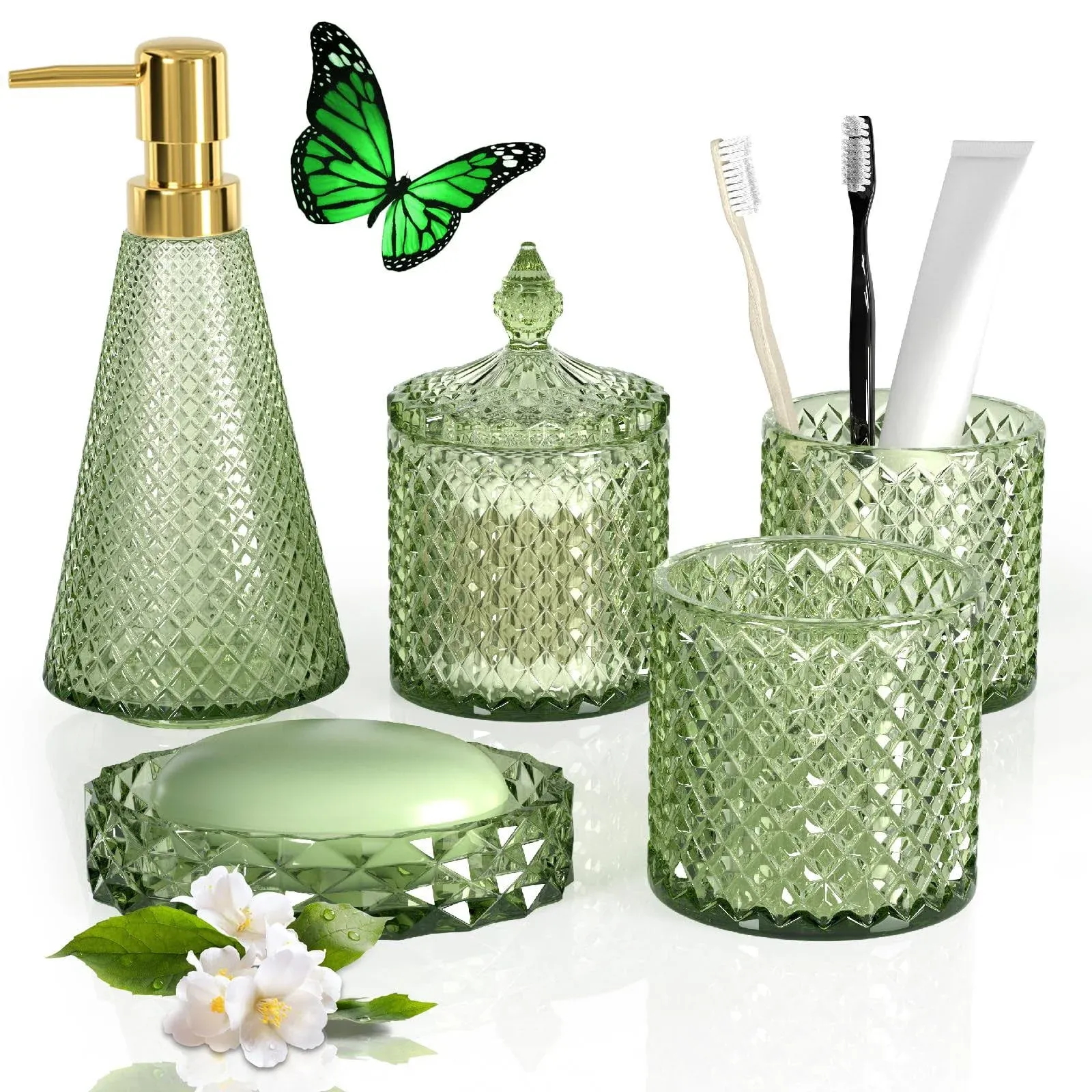 Christmas 5pcs Elegant Green Bathroom Accessory Set,Modern Premium Glass Bathroom ...