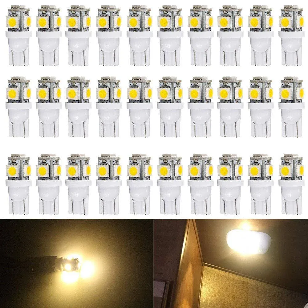 ALOPEE 30 Pack 194 LED Bulb Warm White 3000K T10 Wedge LED Bulb 5SMD 5050 Chips 168 LED Bulb 921 2825 LED Bulb 158 501 W5W Bulb LED Interior Car Lights Dome Map Door Trunk Light DC 12V