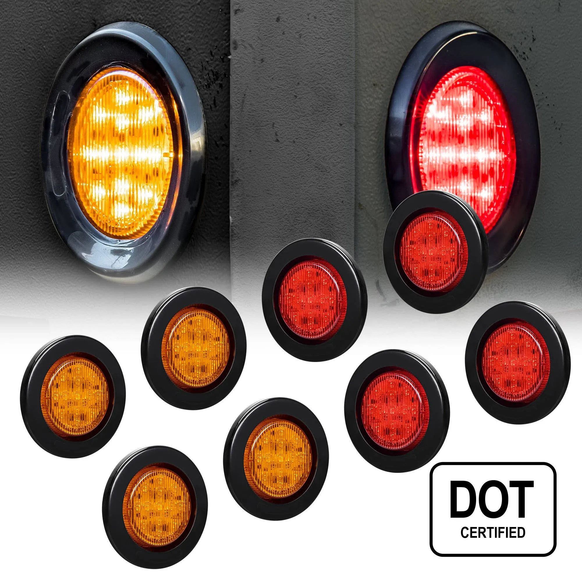 TRUE MODS 8pc 2.5" 12V Amber + Red Round LED Clearance Side Marker Light Kit [DOT Approved] [Reflector Lens] [Grommet & Plugs] [Flush-Mount] [Waterproof IP67] for Boat Trailer Semi Truck RV Peterbilt