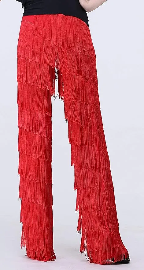 Women's Tassels Fringe Dance Pants Ballroom Latin Tango Salsa Practice Performance Dancing Costume Pants