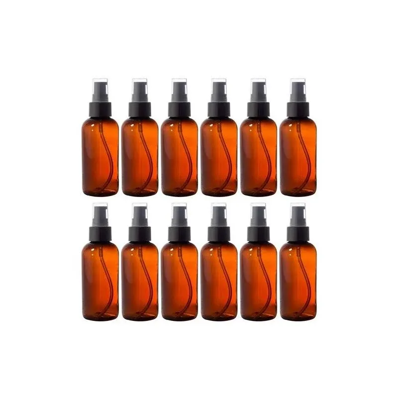 Amber Plastic Boston Round Bottle with  Black Treatment Pump (12 Pack)