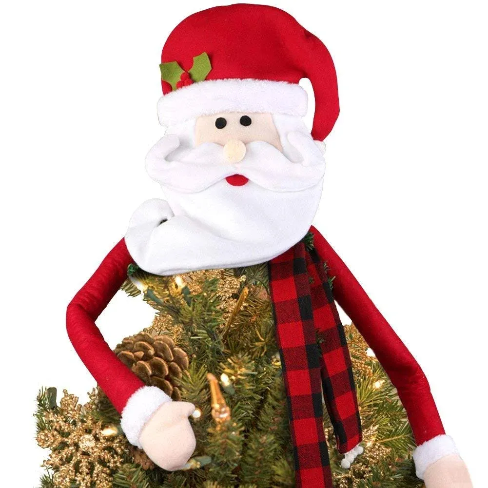 Large Christmas Tree Topper Hat Santa Claus with Buffalo Plaid Scarf for Holiday, Xmas Trees Ornament Christmas Decorations Party Supplies