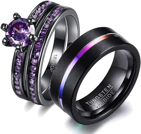 Matching Rings Couple Rings Black Gold Plated 1ct Purple CZ Women Wedding Ring ...