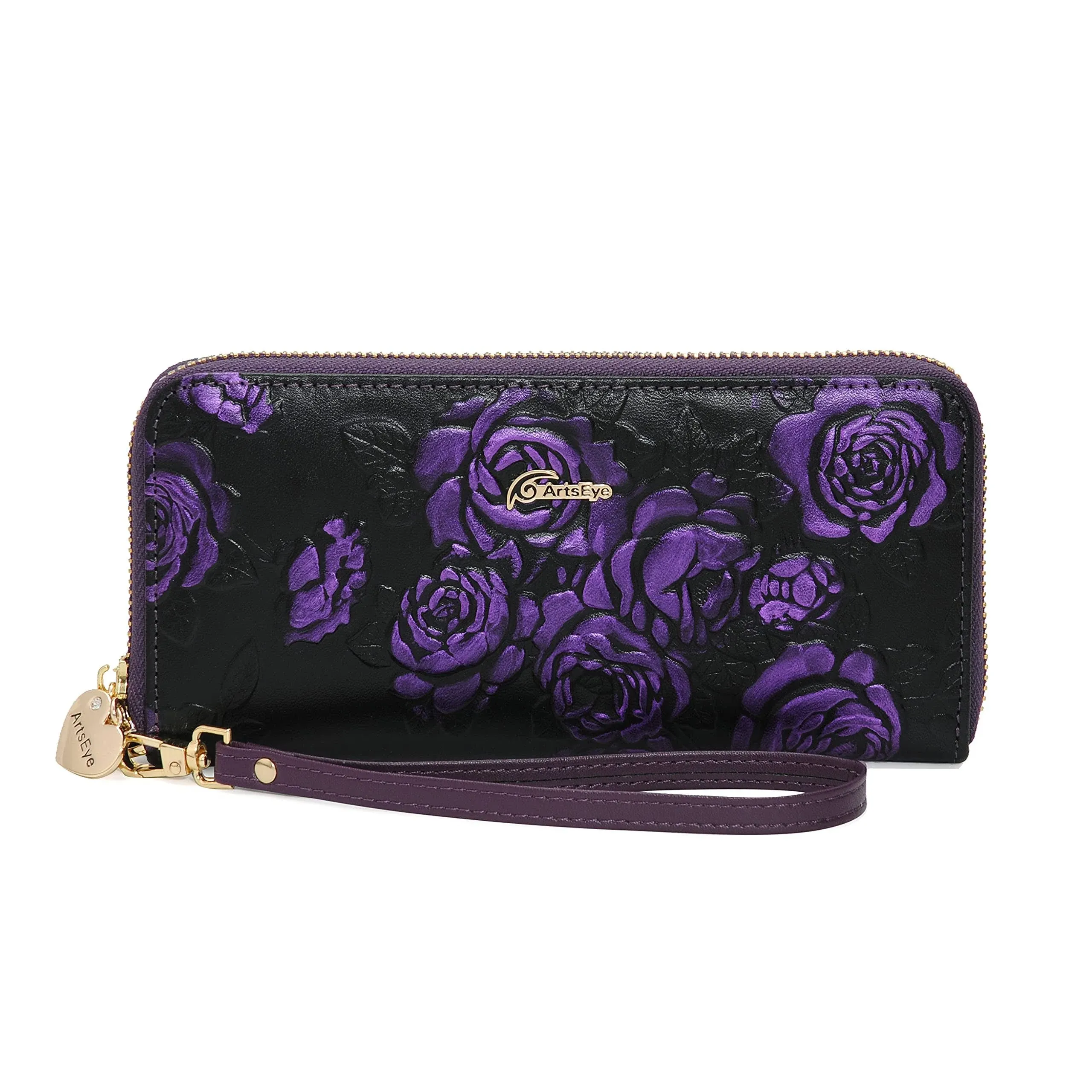 Rose Embossed Genuine Leather Zip Around Wristlet Wallet (Purple)