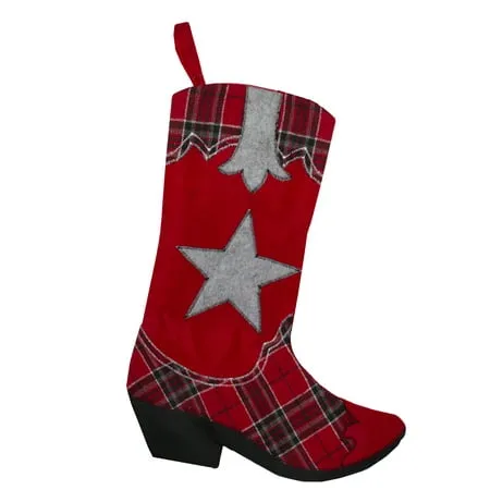 Northlight 18.5" Wild West Embroidered Star Red and Black Plaid Cowboy Boot ...