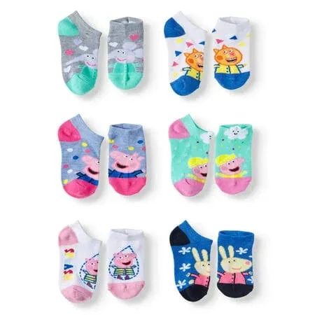 Peppa Pig Girls 6 Pack No Show Socks Set (Shoe: 10-4 (Sock: 6-8), Peppa & Friends 6 pk)