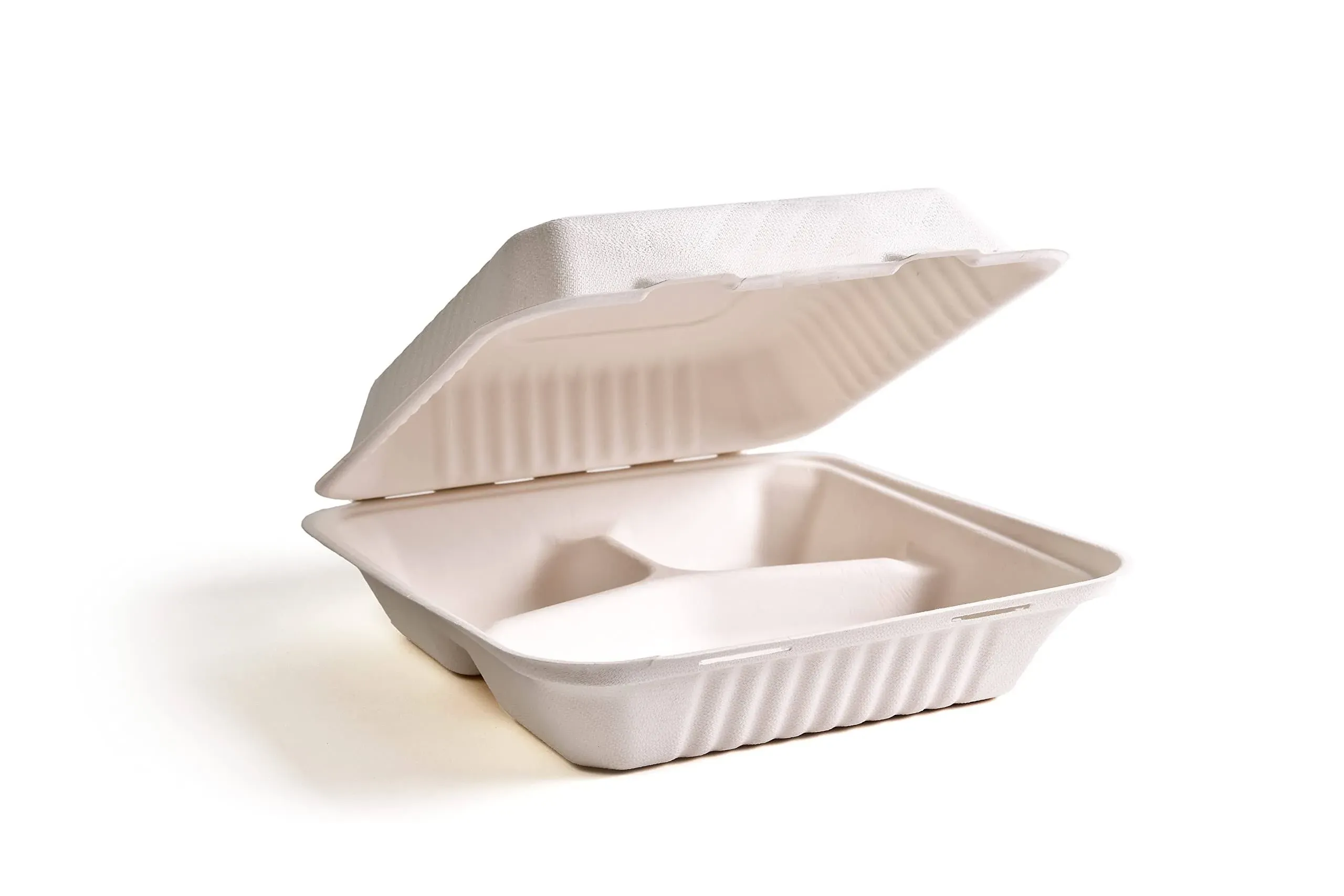 [Case of 300] Green Wave Evolution TW-BOO-013 9”x9“x3” 3-Compartment Clamshell Food Containers | Heavy Duty Bright White Bagasse | 100% Compostable | Disposable Eco-friendly| Sugarcane & Bamboo fibers