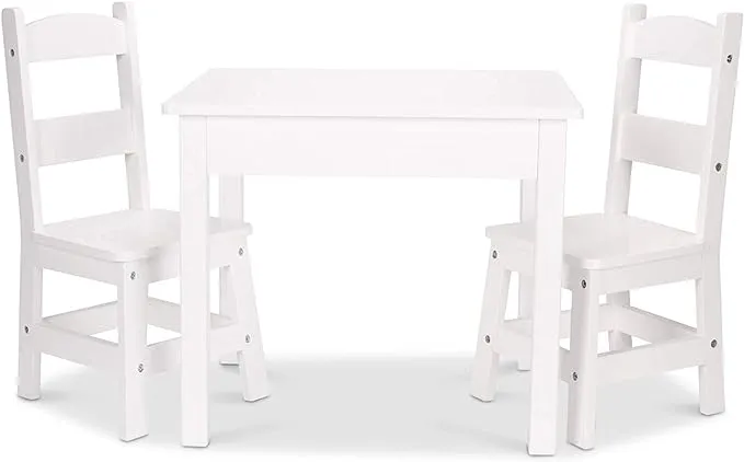 Melissa & Doug Wooden Kids Table and 2 Chairs Set - White Furniture for Playroom