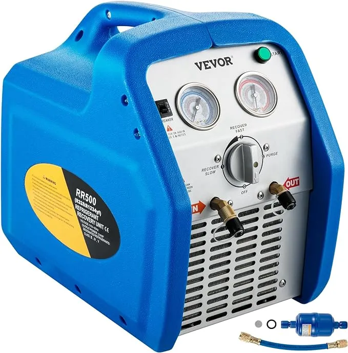 VEVOR Refrigerant Recovery Machine, 110V-120V AC 60Hz 3/4HP, Dual Cylinder Oil-less, Portable Recovery Unit, for Both Liquid and Vapor Refrigerant, Air Condition Blue