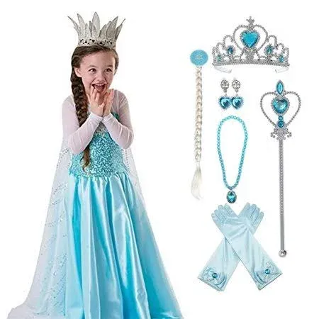 Princess Costumes Birthday Dress Up for Little Girls with Crown Wig Gloves Accessories 2-7 Years